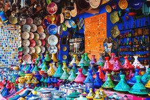 Colored Tajine, Plates And Pots Out Of Clay On The Market In Mor