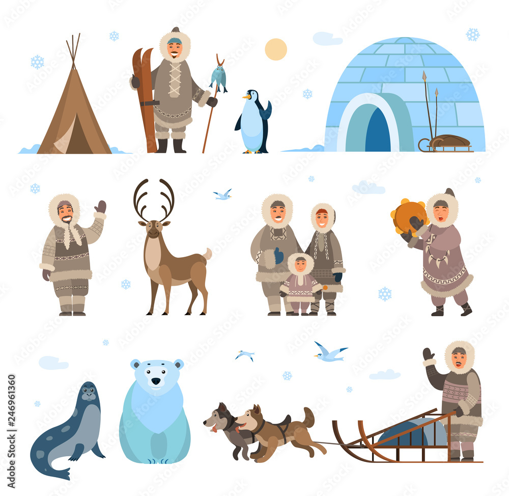 Arctic expeditions and discoveries North pole vector. Animals penguin and bear grizzly, husky and dogs with sledges, inuits and huts snowflakes snowfall - obrazy, fototapety, plakaty 