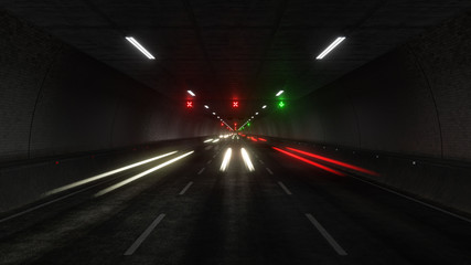 Wall Mural - Automobile Light trails in dark tunnel 3D rendering