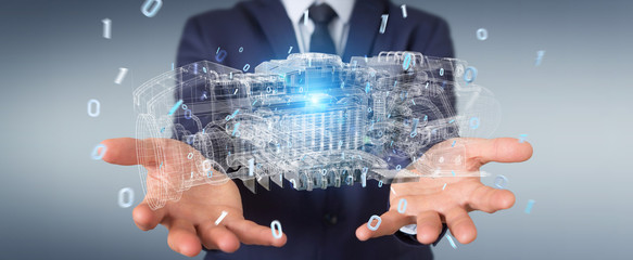 Poster - businessman using wireframe holographic 3d digital projection of an engine