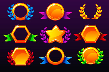 Wall Mural - Coloured templates for awards, creating icons for mobile games. Vector concept gambling assets, set Mobile App Icons different forms and Laurel wreath of victory. Isolated on a separate layers