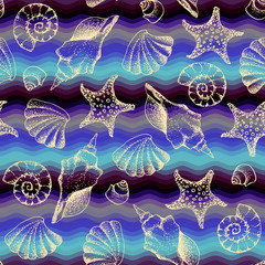 Poster - Blue waves pattern and hand draw in marine style.