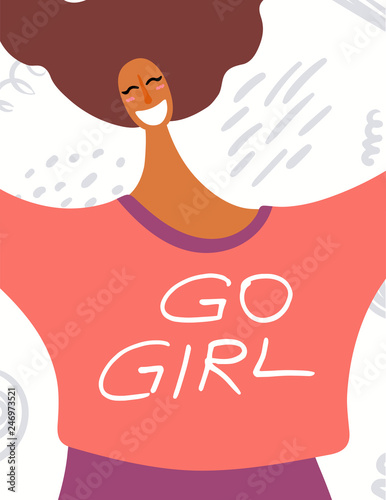 Womens day card, poster, banner, with quote Go girl and smiling dark skinned ...