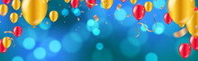 Celebration. Glossy Golden And Red Balloons With  Dark Blue Holiday Background With Colorful Shining Bokeh And Serpentine