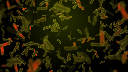 Poster - 3d render medical background with microbes. micro world of abstract bacterias or viruses. infection 