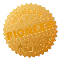 Wall Mural - PIONEER gold stamp award. Vector golden award with PIONEER text. Text labels are placed between parallel lines and on circle. Golden area has metallic structure.