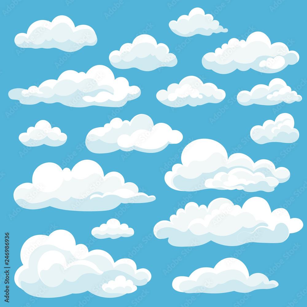 Cartoon white clouds icon set isolated on blue background. Cloudscape in flat style. Blue sky cloud weather symbol. Vector illustration cloudy panorama - obrazy, fototapety, plakaty 