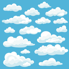 cartoon white clouds icon set isolated on blue background. cloudscape in flat style. blue sky cloud 