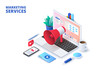 Marketing design concept with laptop, loudspeaker and other elements. Isometric vector illustration. Landing page template for web