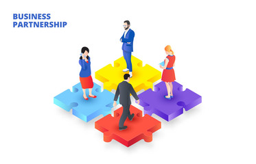 Poster - Vector isometric puzzle with people. Business partnership concept
