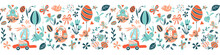 Funny Happy Easter Eggs Hunt Seamless Pattern Frame Border Background