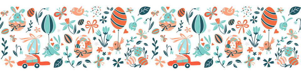 Funny Happy Easter eggs hunt seamless pattern frame border background