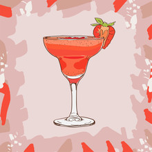 Strawberry Daiquiri Cocktail Illustration. Alcoholic Bar Drink Hand Drawn Vector. Pop Art