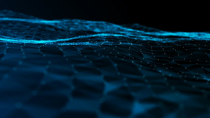 Aufkleber - Visualization of electron particles in the world of atoms and molecules. Network nodes blue plexus background. Network connection concept. 3D rendering.
