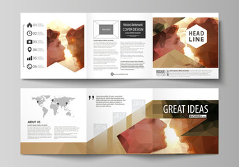 Poster - Set of business templates for tri fold square design brochures. Leaflet cover, abstract vector layout. Romantic couple kissing. Beautiful background. Geometrical pattern in triangular style.