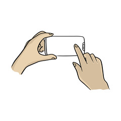 two hands using smartphone with notch display vector illustration sketch doodle hand drawn with black lines isolated on white background