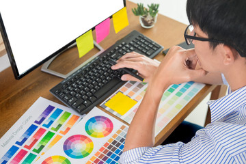 Poster - graphic designer or creative holding mouse and do his work material color pantone swatch samples art