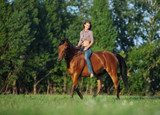 Fototapeta Konie - Beautiful cowgirl bareback ride her horse in woods glade at sunset 