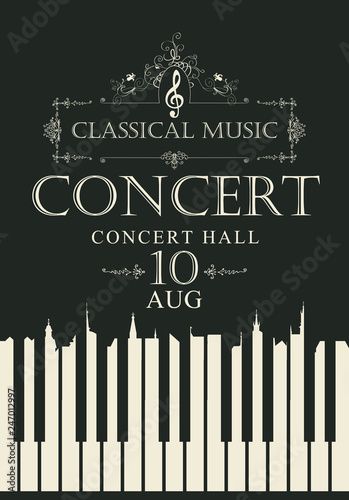 Dekoracja na wymiar  plakat-wektorowy-na-koncert-muzyki-klasycznej-z-klawiszami-fortepianu-i-kluczem-wiolinowym-w-stylu-retro
