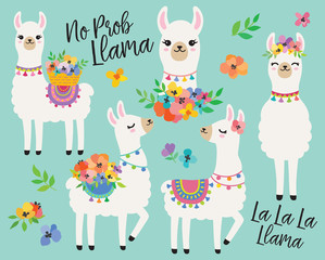 Poster - Cute llamas or alpacas with colorful spring flowers hand drawn vector illustration.