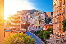 Colorful street and architecture of Monaco sun haze view
