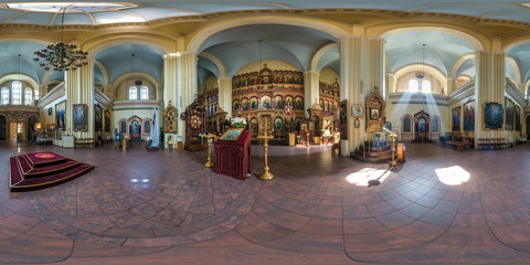 Canvas Print - full seamless spherical panorama 360 degrees angle view interior Orthodox church in equirectangular projection, AR VR content. rays of light in windows