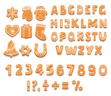 Set Of Gingerbread Cookies Alphabet, Numbers, Holiday Treat, Sweet Pastries Of Different Shapes, Punctuation Marks, Vector Illustration.