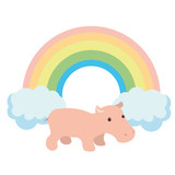 Fototapeta Dinusie - Little pink hippo on the background of a joyful rainbow. Cute character in a single face.