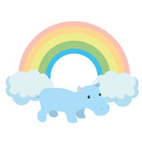 Fototapeta Dinusie - Small blue hippo on the background of a joyful rainbow. Cute character in a single face.