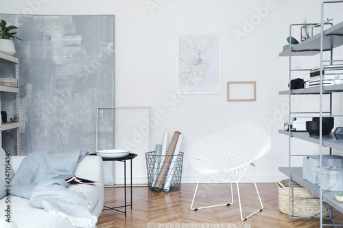 Scandinavian Home Interior With Grey Bookstand With
