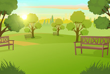 Sunny Day In City Park With Green Grass On Meadow And Benches Under Trees Cartoon Vector Illustration. Peaceful Public Place For Leisure, Comfortable Square In Metropolis. Urban Infrastructure Element