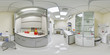 Panorama 360 Medical Laboratory for analysis of human blood to identify malignant and benign markers. Laminar case panorama 360 with beakers and reagents. Workplace laboratory