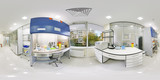 Fototapeta  - Panorama of 360 degrees laboratory with a large panoramic window and views of the street. Panorama of the laboratory without people 360 degrees in equidistant scan. Spherical panorama of the hospital