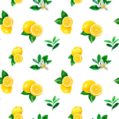 Wall Mural - Watercolor hand drawn lemon fruit seamless pattern.