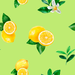 Wall Mural - Watercolor hand drawn lemon fruit seamless pattern.