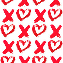 XO With Heart Drawn With Red Lipstick. Seamless Pattern XOXO On White Background.  Hugs And Kisses Abbreviation Symbol. Easy To Edit Template For Valentine’s Day. Vector Illustration.