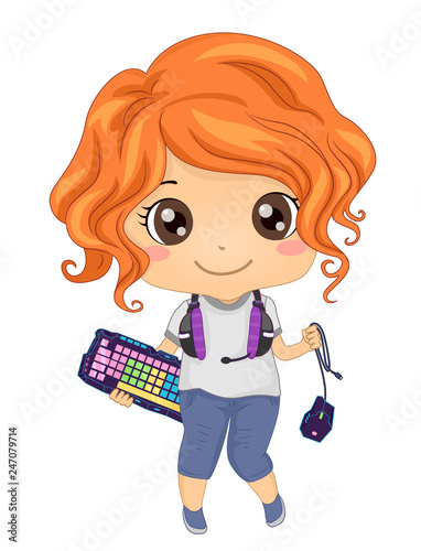 Kid Girl Online Gamer Gadgets Illustration