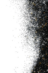 bright beautiful shining black glitter on white background, top view. space for text
