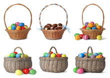 Set Of Wicker Baskets With Different Easter Eggs On White Background