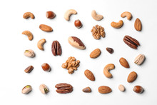 Composition With Organic Mixed Nuts On White Background, Top View