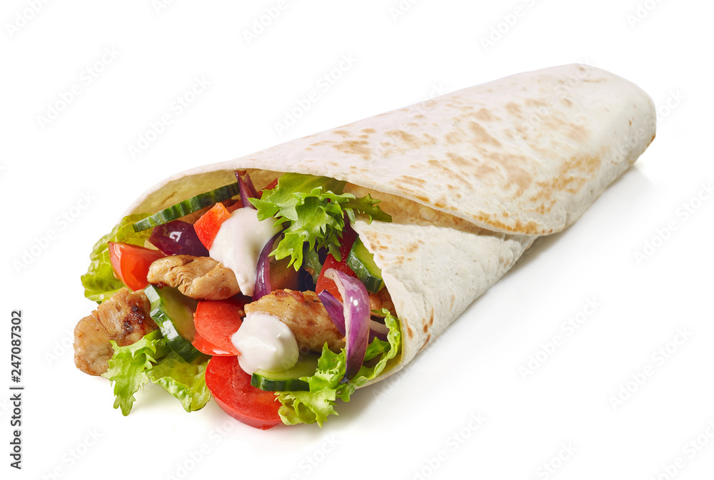 Tortilla wrap with fried chicken meat and vegetables - obrazy, fototapety, plakaty 