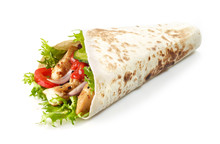 Tortilla Wrap With Fried Chicken Meat And Vegetables