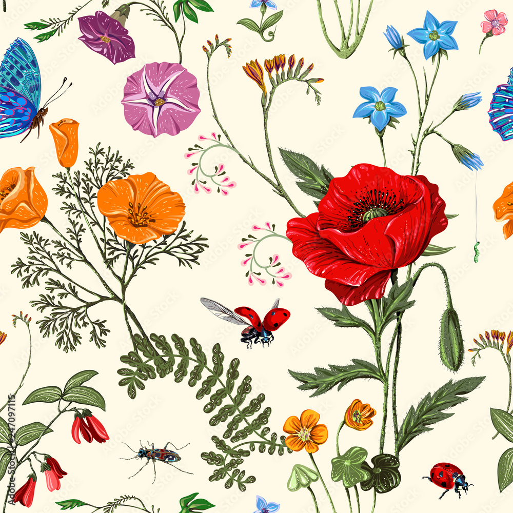 Summer vector seamless pattern. Botanical wallpaper. Plants, insects, flowers in vintage style. Butterflies, beetles and plants in the style of Provence. Drawn nature wallpaper. Summer background - obrazy, fototapety, plakaty 