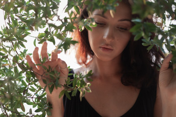 Wall Mural - portrait of a beautiful young woman with dark hair in a frame of branches and green leaves, summer a