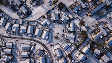 Top Down Aerial View Of Roads And Houses Covered In Fresh Snowfall (Ebbw Vale, Wales, UK)