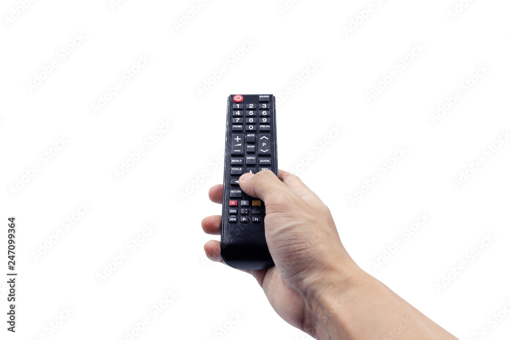 Hand holding remote controller, isolated on white background with clipping path - obrazy, fototapety, plakaty 
