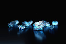 Blue Diamonds Placed On Black Background 3D Illustration