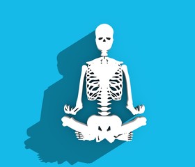 Wall Mural - Human skeleton in yoga meditation pose. Halloween party design template. Web icon with long shadow. 3D rendering
