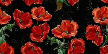 Beautiful Red Poppies Flowers, Embroidery Seamless Pattern. Renaissance Spring Style. Fashion Art Nouveau Template For Clothes, T-shirt Design