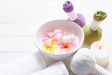 Spa set on white wooden background